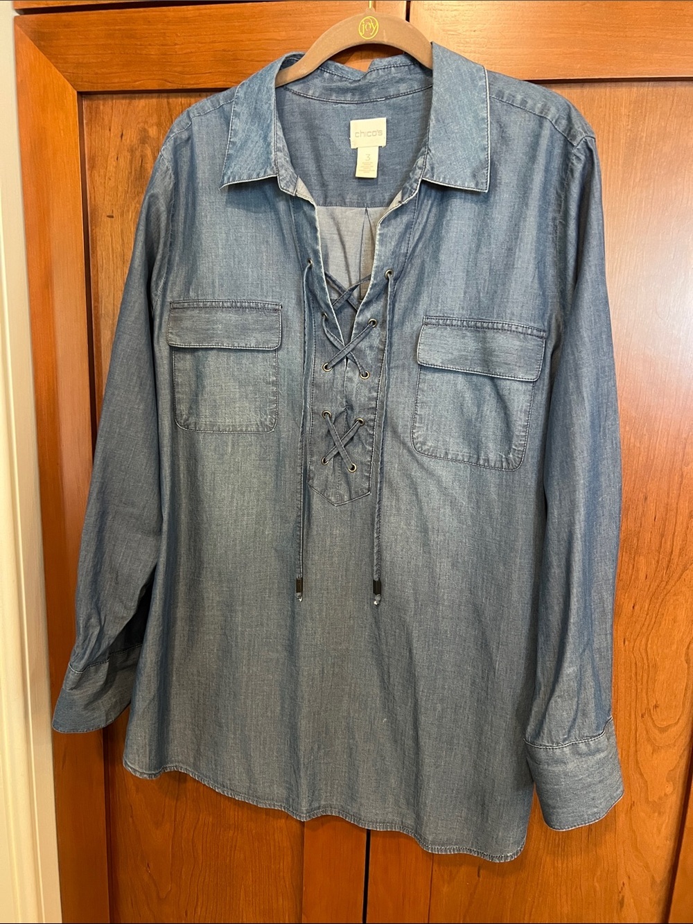 Chico's Woman's Light Blue Denim Lace-Up Button Down Shirt 12/14 Size or Chico 3